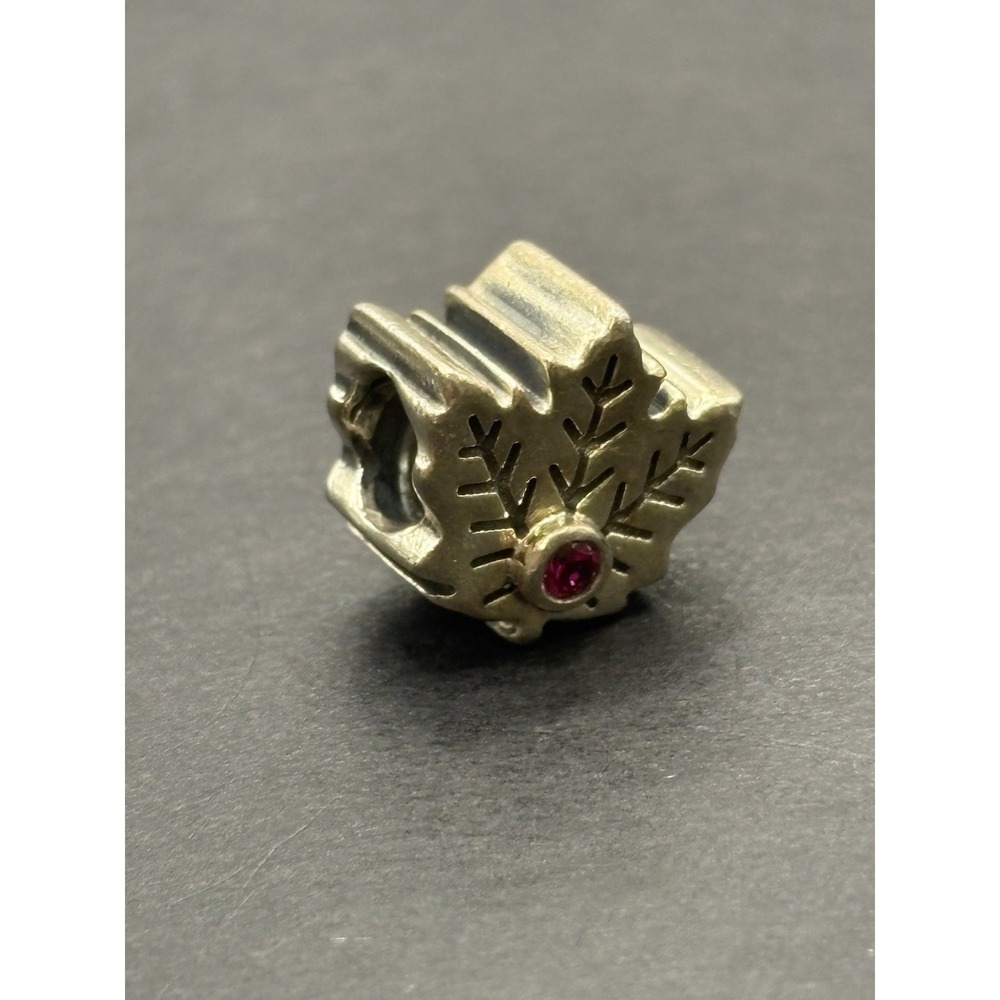 Pandora Sterling Silver Leaf Red Stone Charm H11
